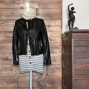 Michael Kors Black Leather Jacket with Gold Accent